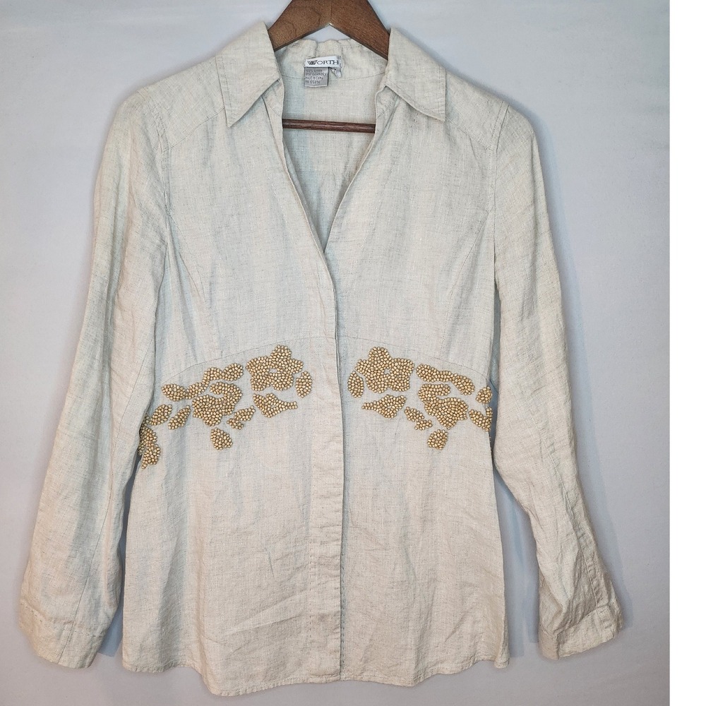 Worth Linen button up blouse Small‎ V Neck Split Collar Beaded Fitted Beige